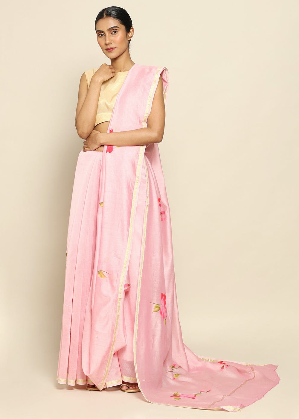 Get Hand Painted Floral Pink Silk Blend Saree At 3500 LBB Shop