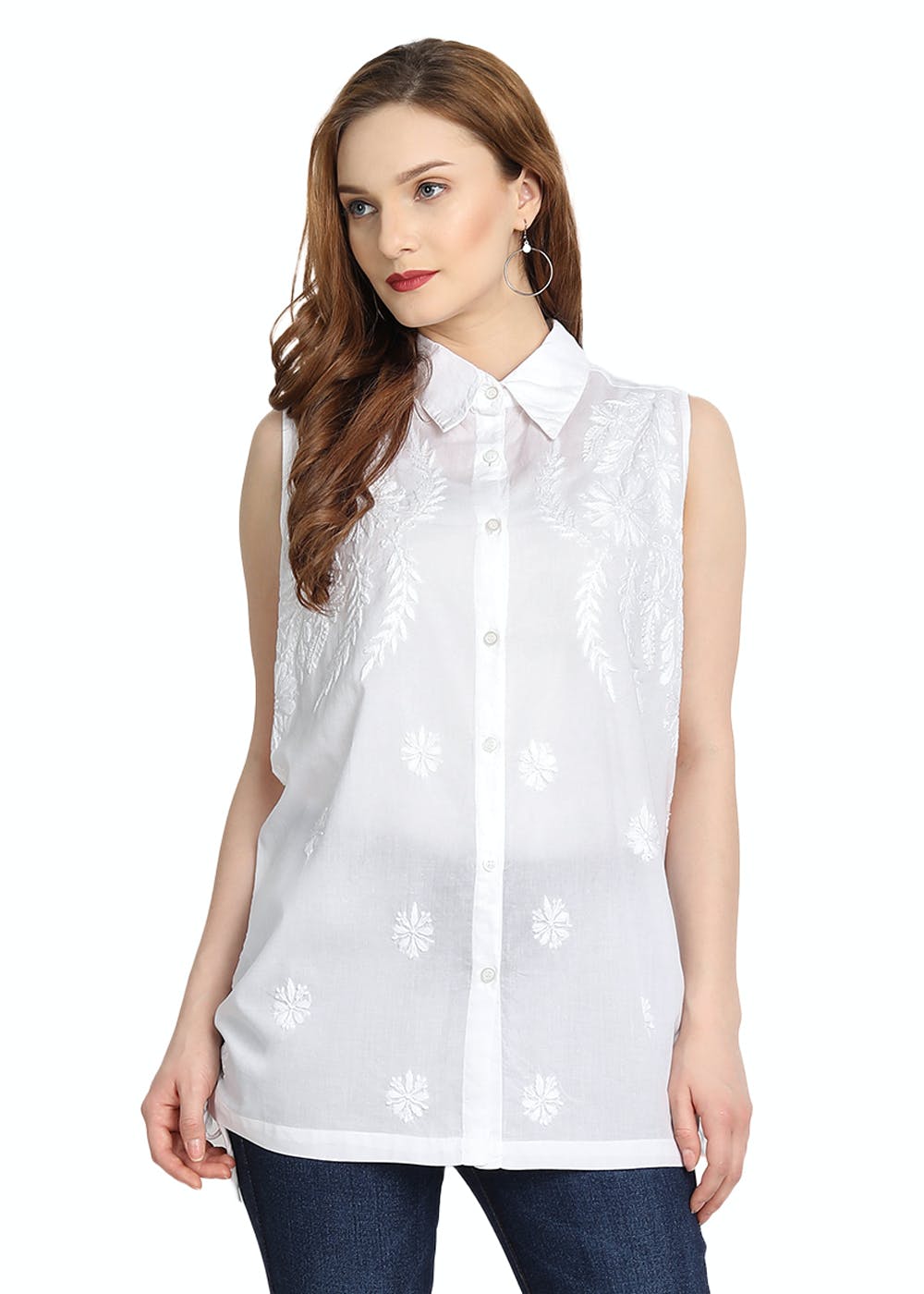 Get Big Floral Chikankari Sleeveless White Collared Tunic At 1399