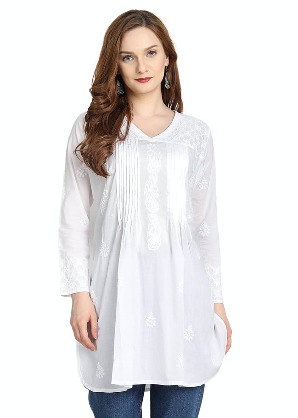 Get Pintuck Detail Paisley Chikankari White Tunic At 1299 LBB Shop