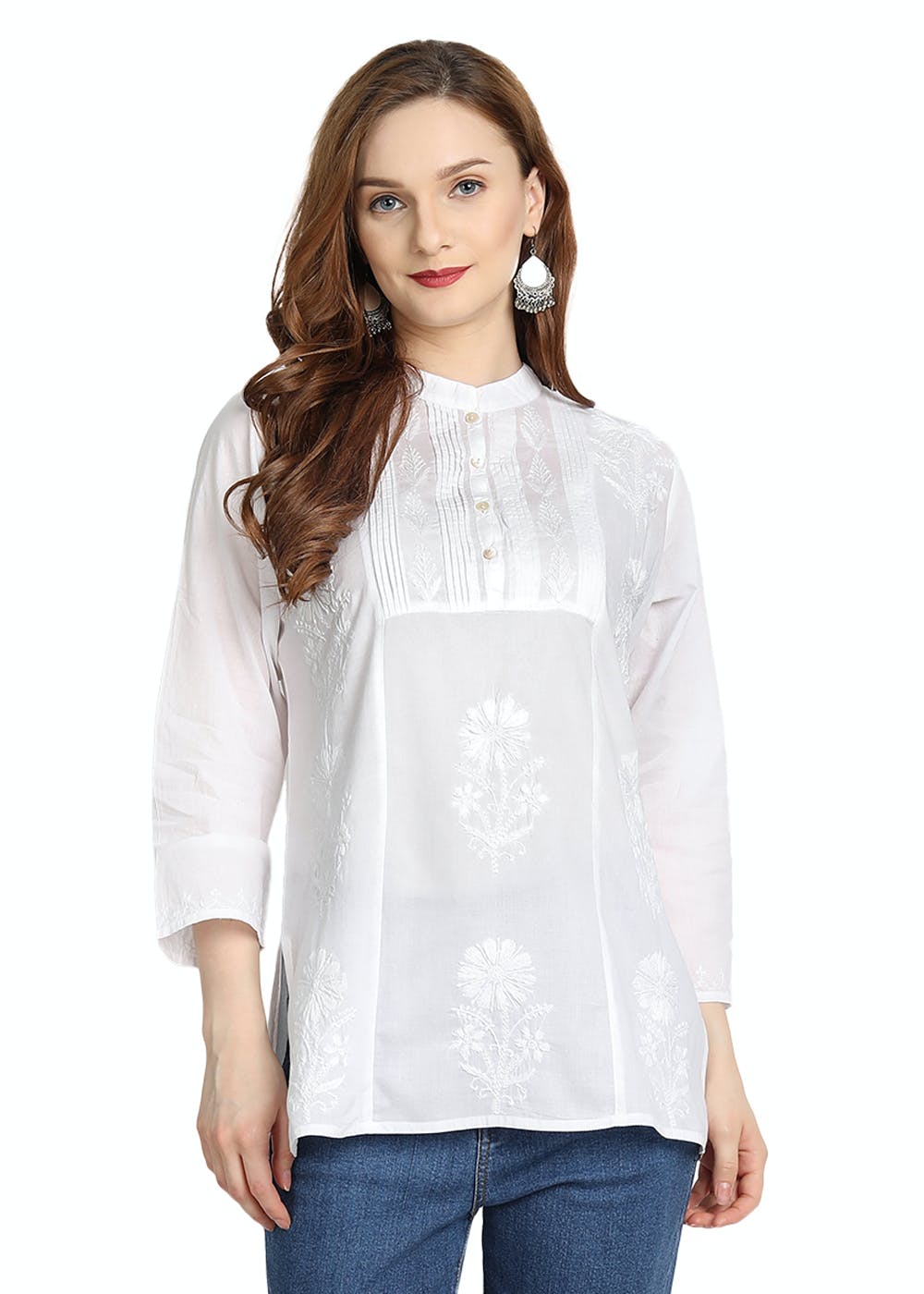 Get Pintuck Button Neck Detail White Mandarin Collar Tunic At