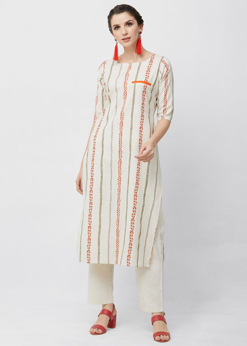 Get Slit Pocket Vertical Pattern Cream Tunic At Lbb Shop