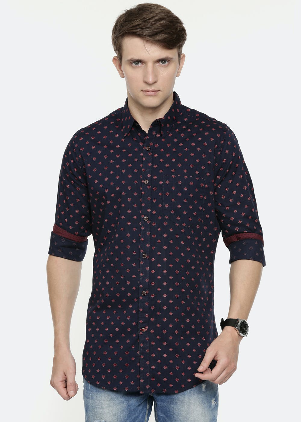 Get Contrast Geometric Printed Black Casual Full Sleeves Shirt At 899