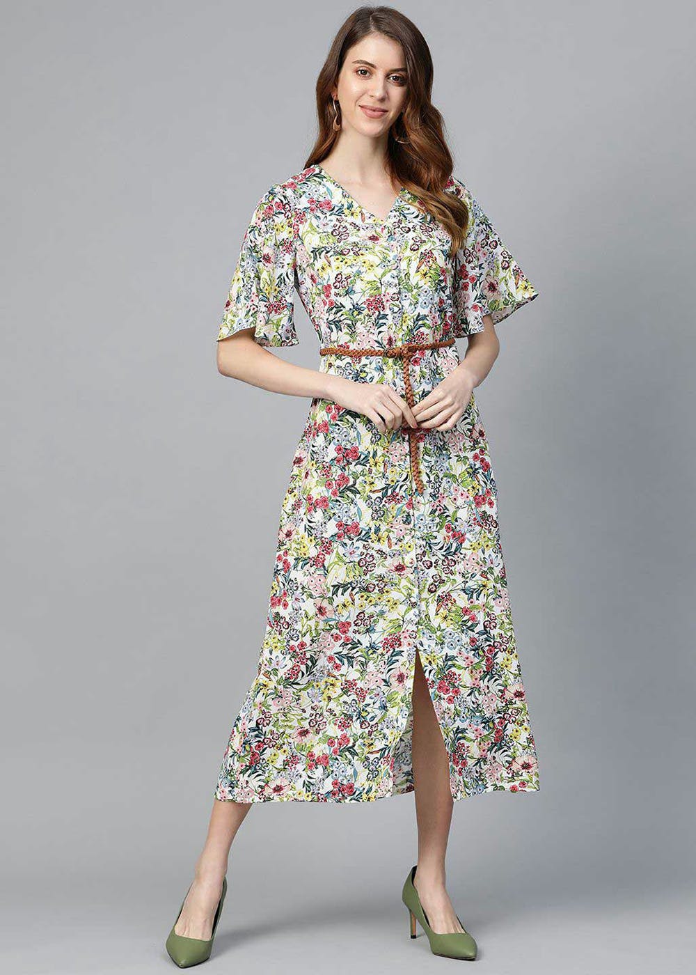 Get White Floral Printed Button Down Dress At Lbb Shop