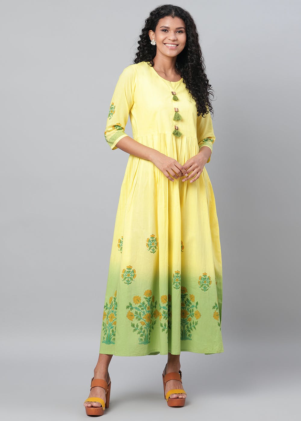 Get Floral Printed Yellow Green Flared Dress At 893 LBB Shop