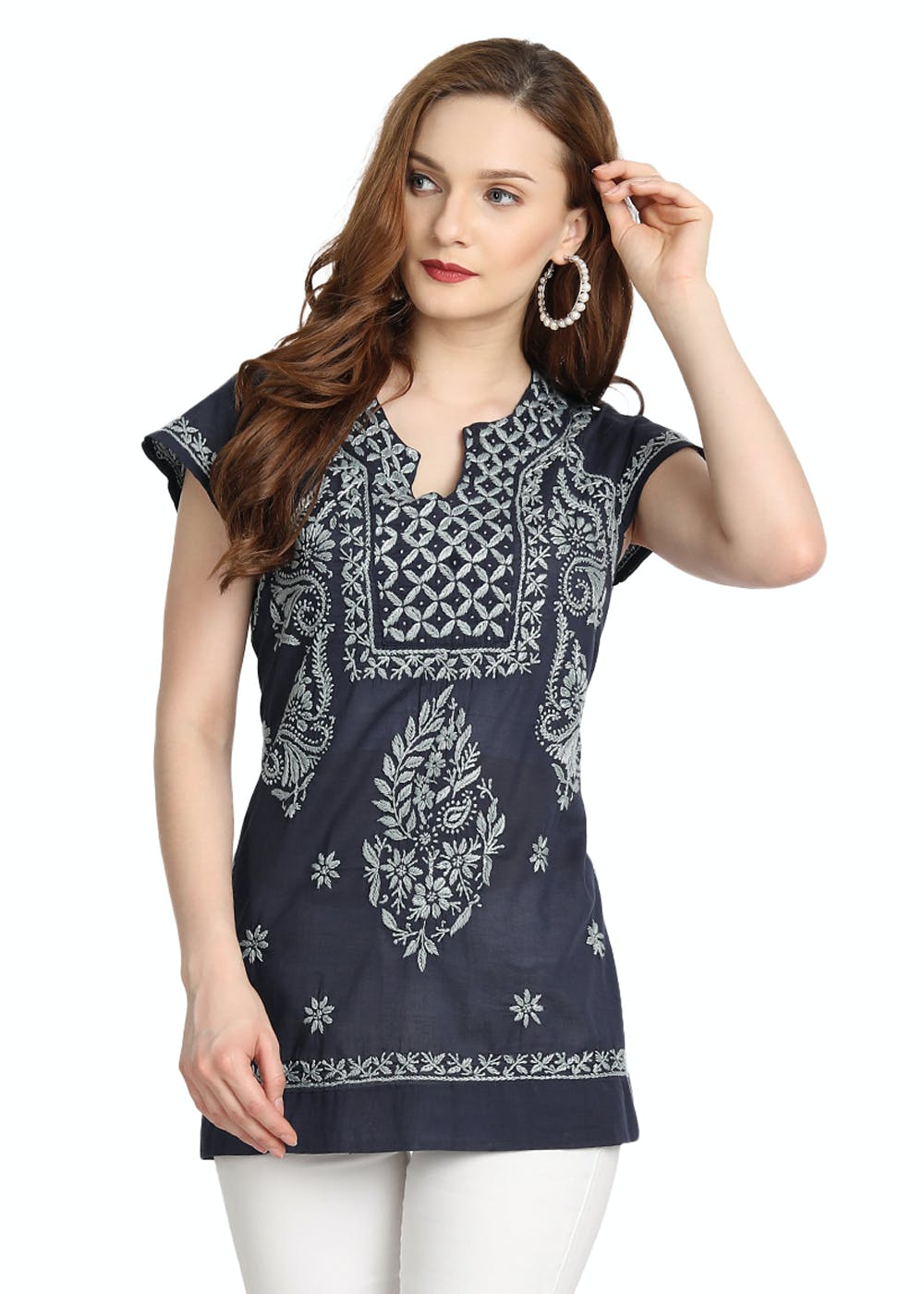 Get Floral Chikankari Detail Short Sleeves Tunic At Lbb Shop