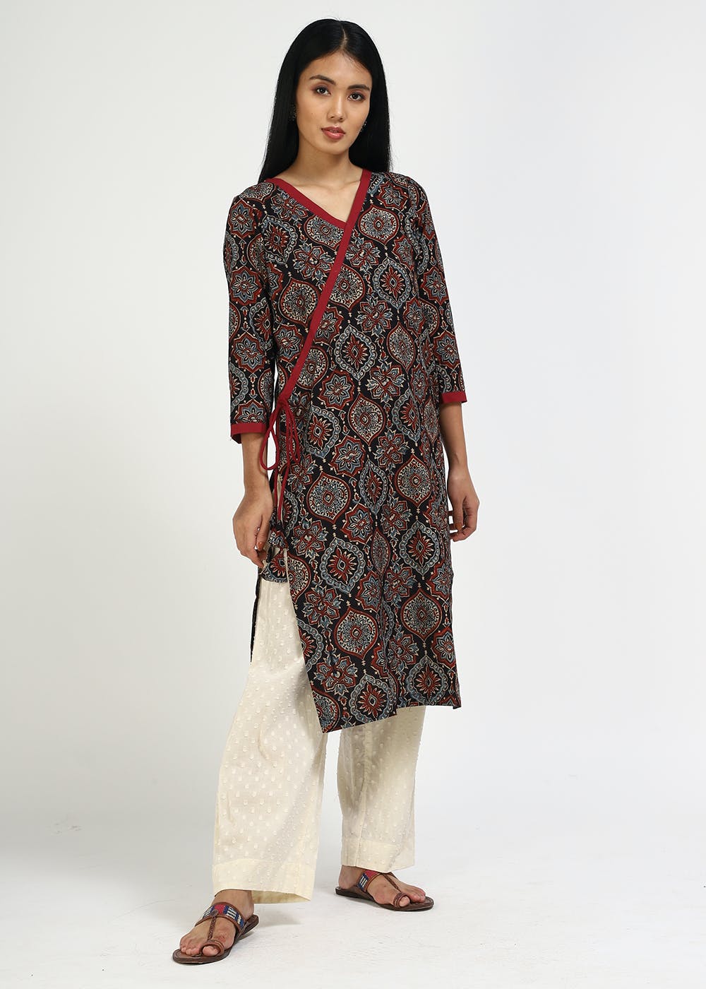 Get Red Trim Detail Black Ajrakh Handblock Printed Angrakha Kurta At