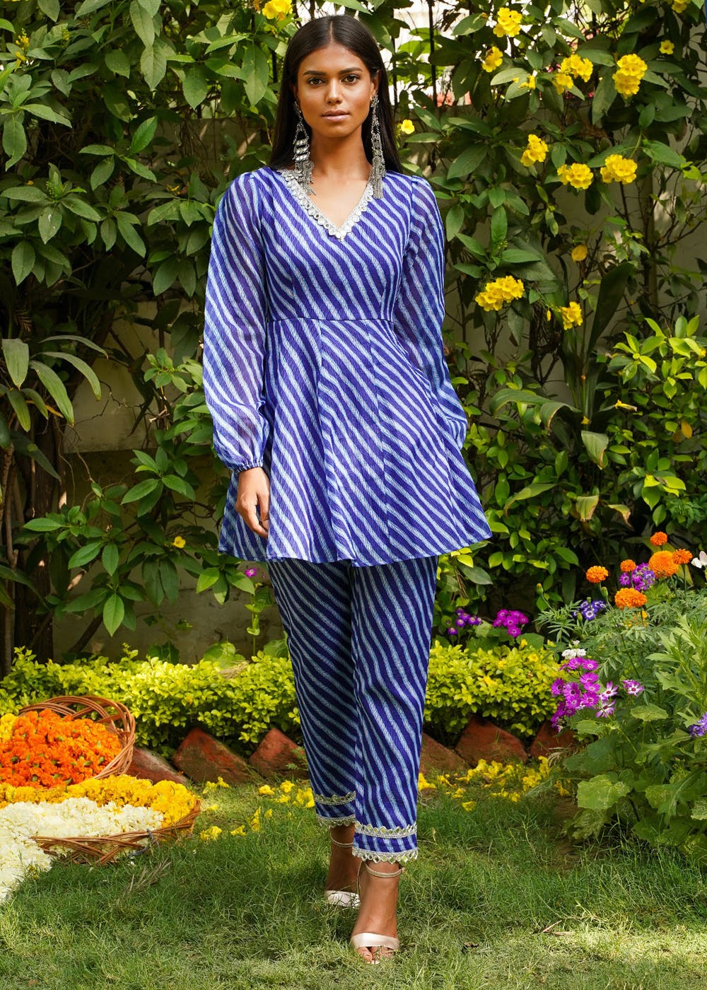 Get Gota Patti Neck Detail Indigo Lehariya Pattern Peplum Tunic At