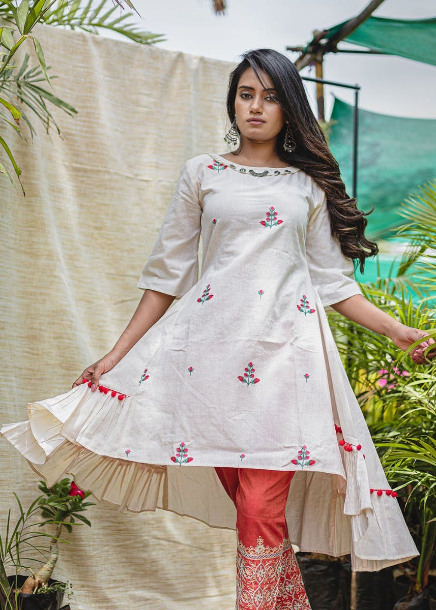 Get Khadi Rose Embroidered High Low White Tunic At 1799 LBB Shop