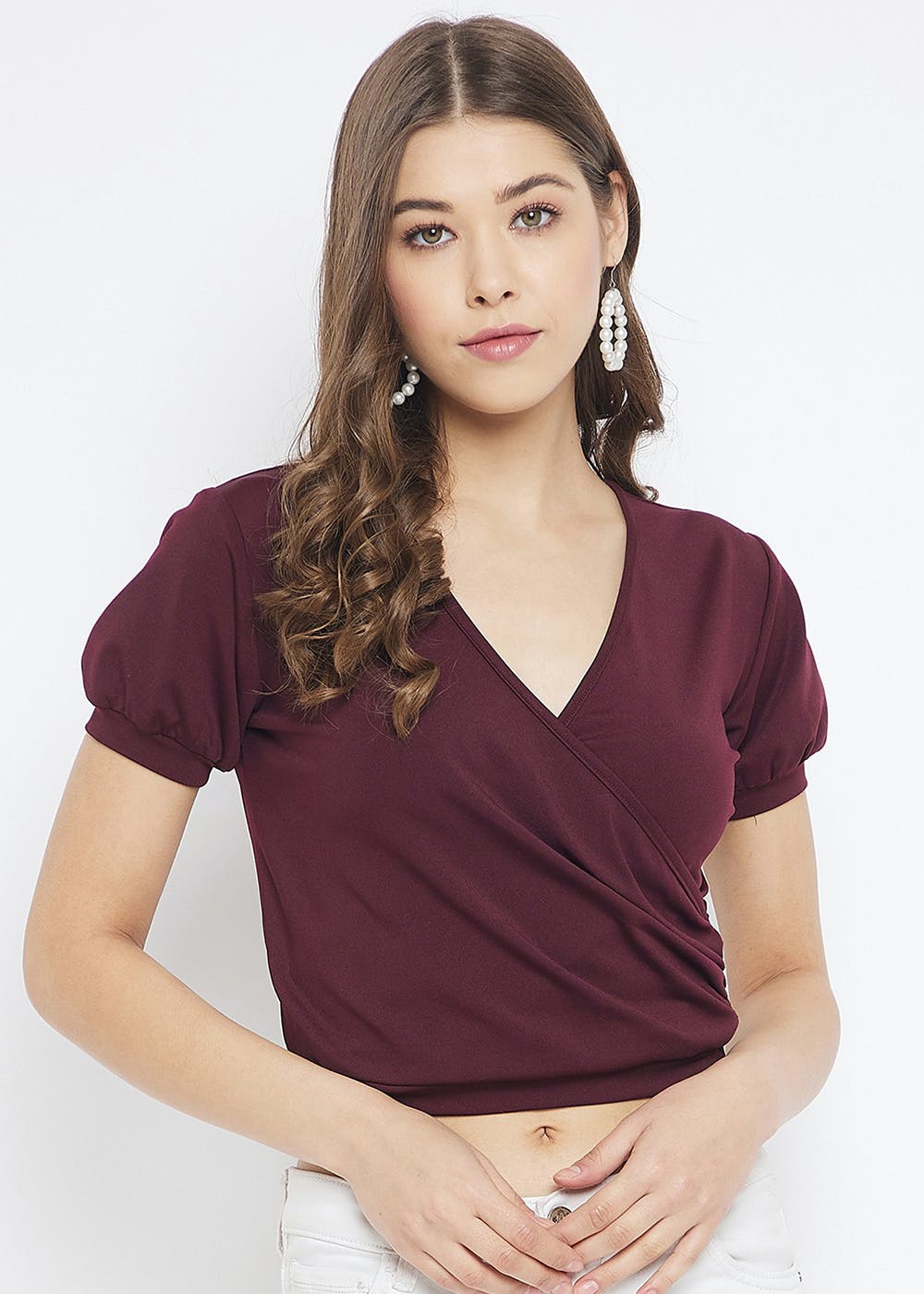 Get Classic Wine Overlap Gathered Crop Top At 870 LBB Shop