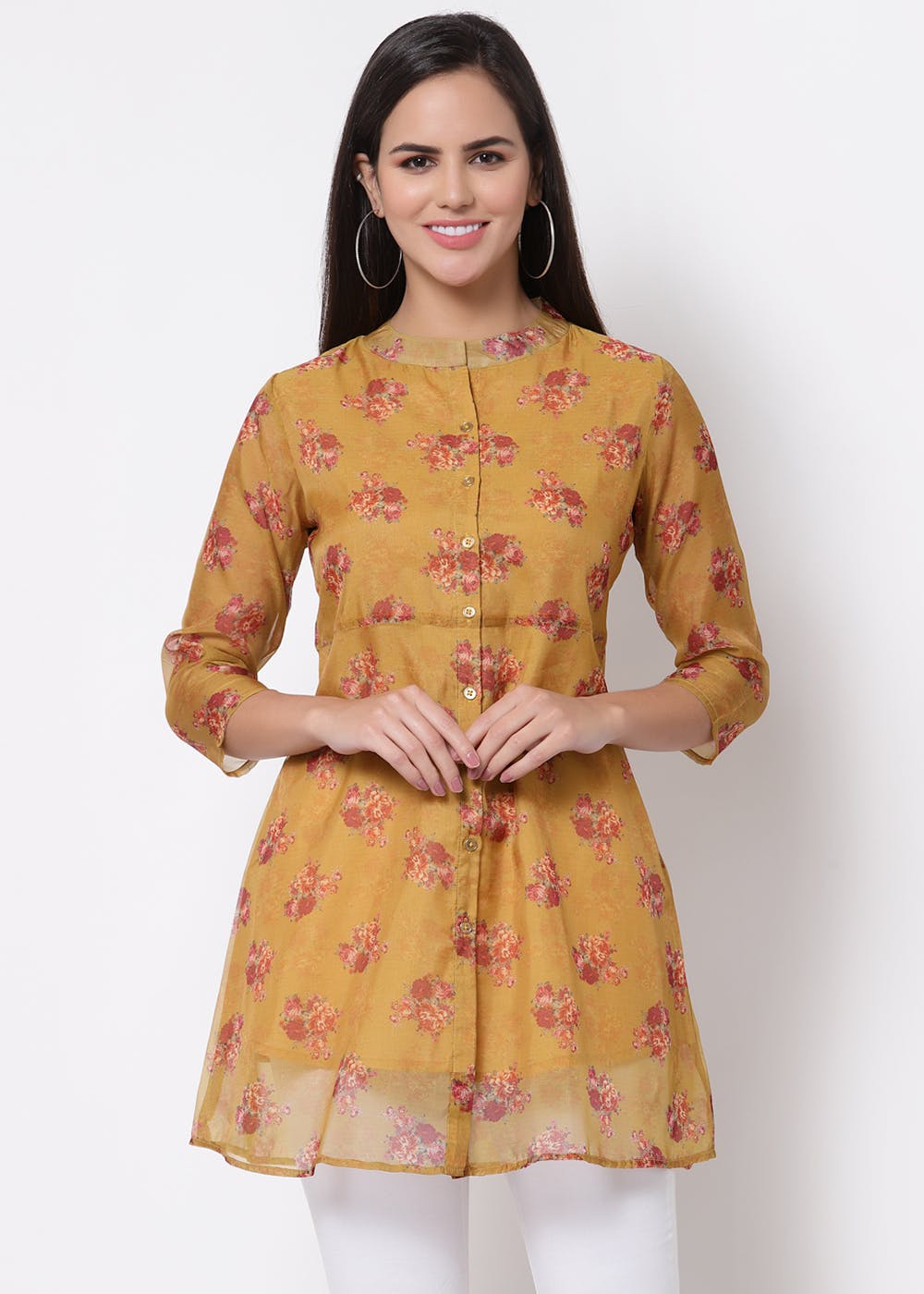 Get Organza Floral Printed Round Neck Mustard Tunic At 744 LBB Shop