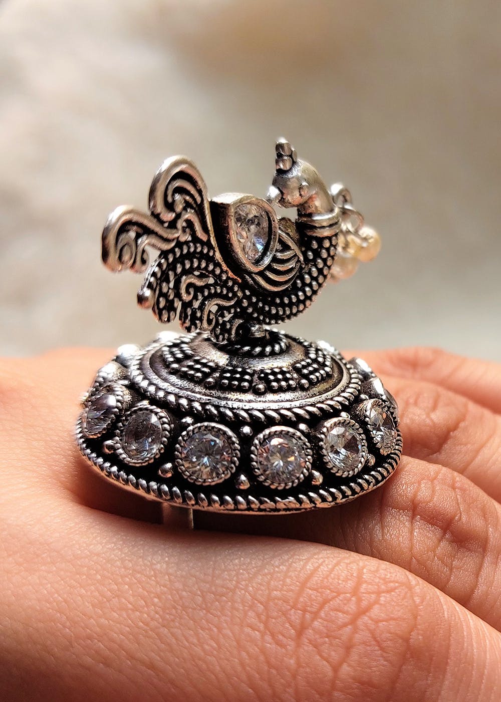 Get Oxidised Silver Plated Peacock Adjustable Ring At Lbb Shop