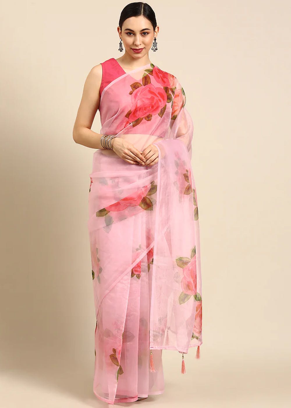 Get Bright Pink Printed Organza Saree At Lbb Shop