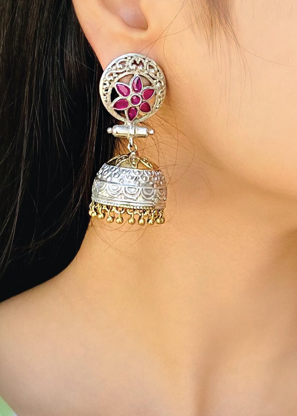 Get Indian Pink Jhumka Earrings Dual Tone Jewelry At 1231 LBB Shop