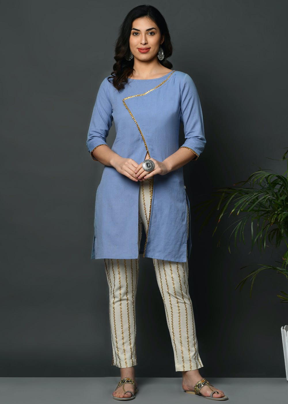 Get Gota Patti Detail Asymmetrical Tunic With Chevron Pants Set At