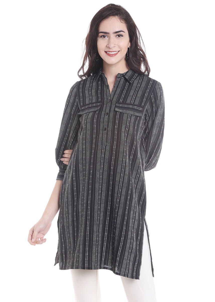 Get Striped Black Cuffed Sleeves Tunic At Lbb Shop