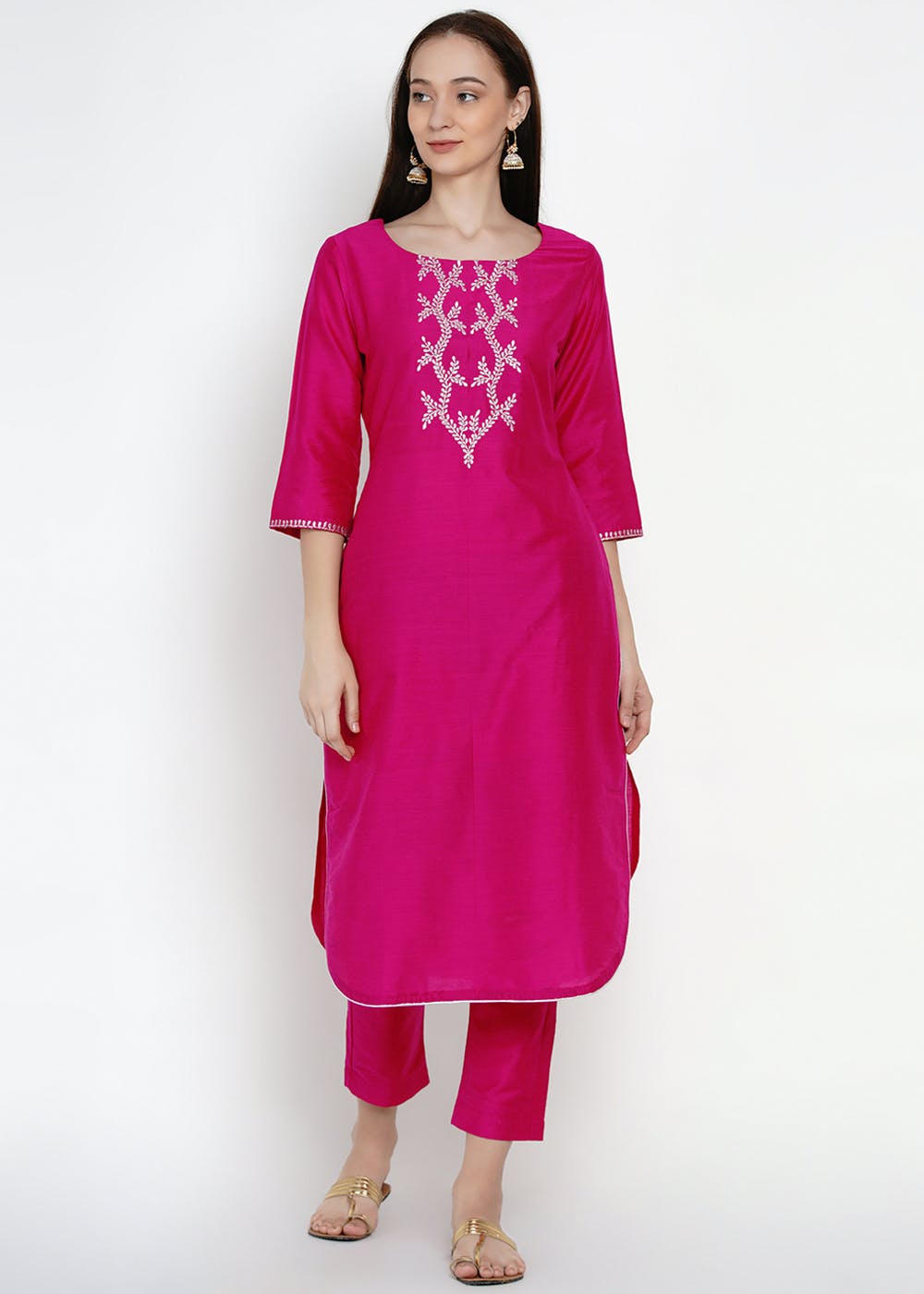 Get Floral Embroidered Pink Kurta With Pants Set At Lbb Shop