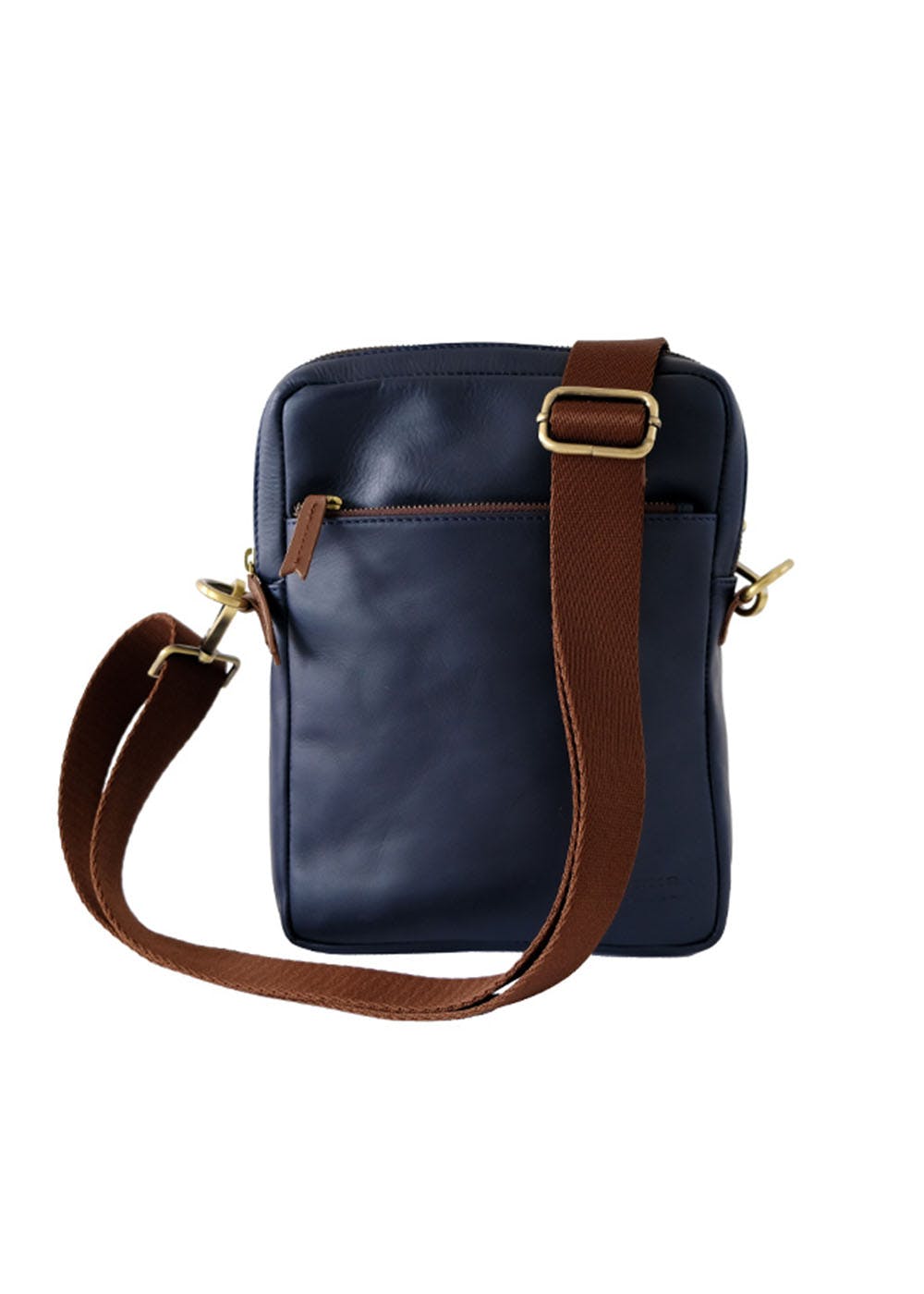 Front Zip Detail Solid Leather Messenger Bag - Blue