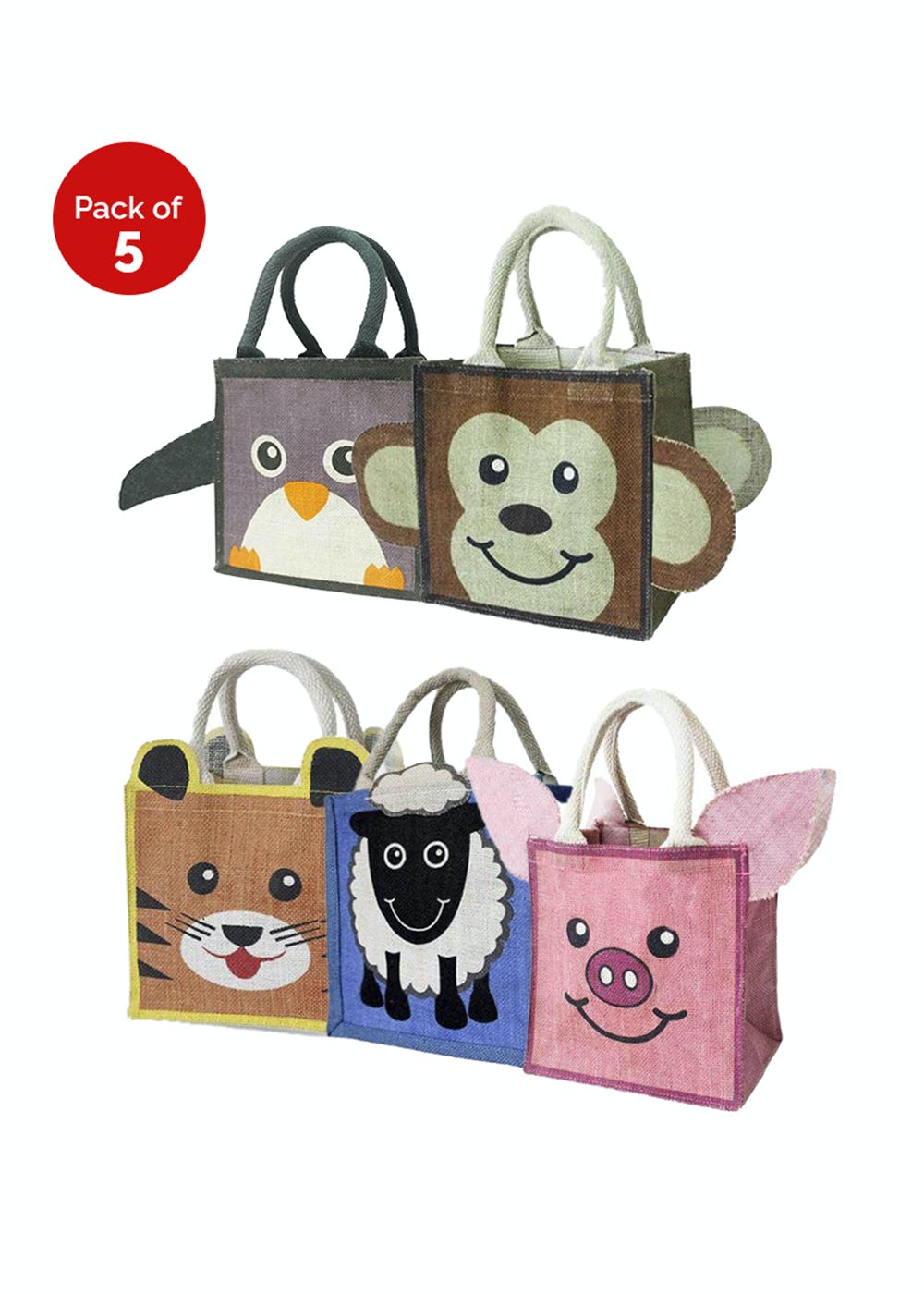 Get Animal Jute Bag Bundle - Tiger, Pig, Sheep, Penguin & Monkey (Pack of  5) at ₹ 900 | LBB Shop
