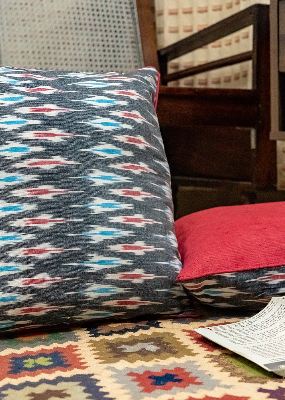 Grey & Red Colored Ikat Cushion Covers - Set of 2