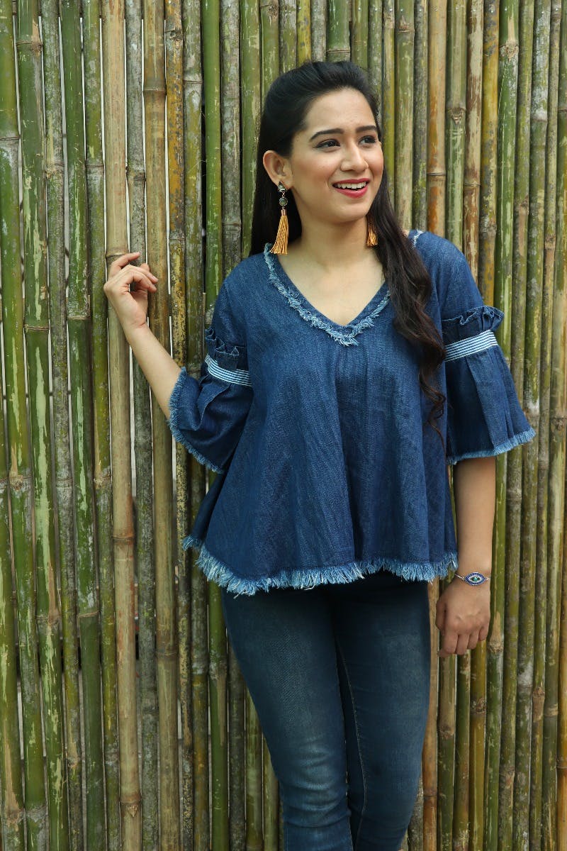 Get Pleated Sleeve Fray Denim Top at ₹ 1568 | LBB Shop