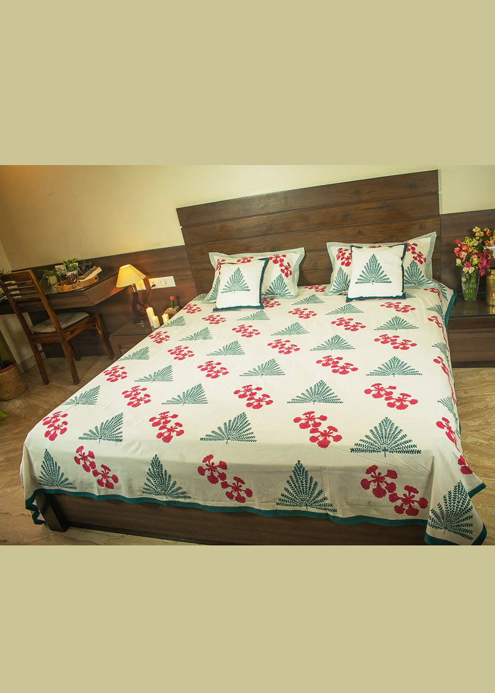 Get Gulmohar Galore Hand Block Printed Cotton Bed Sheets And Pillow