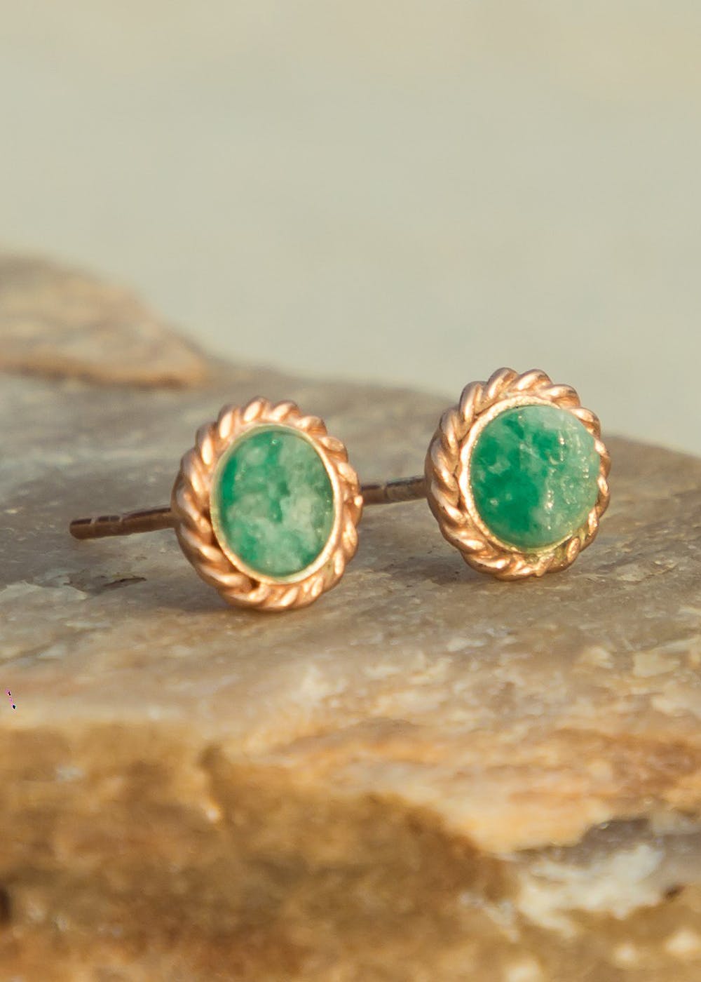 Green Stone Detail Studs - Rose Gold