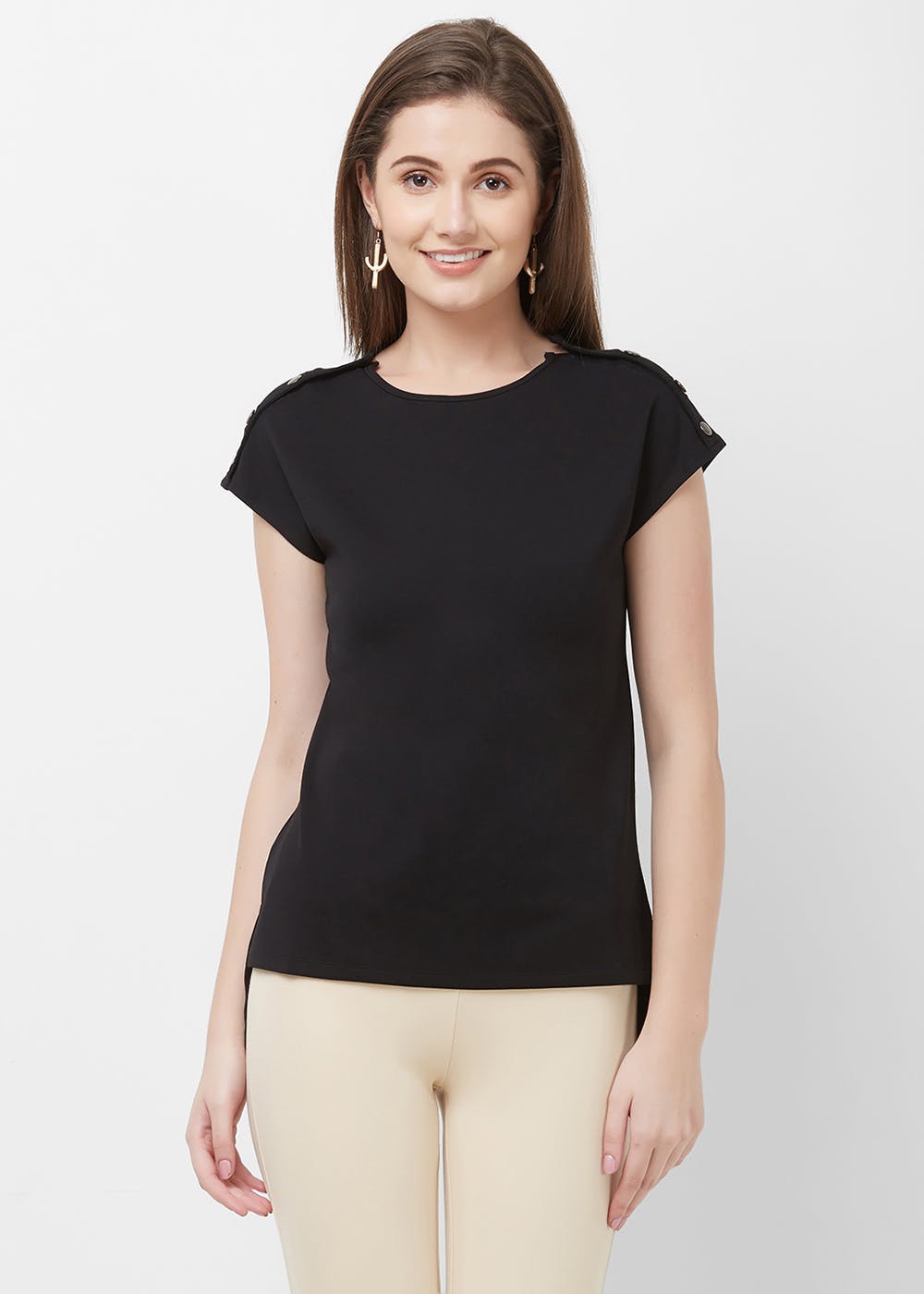 Button Detail Cap Sleeves High Low Top