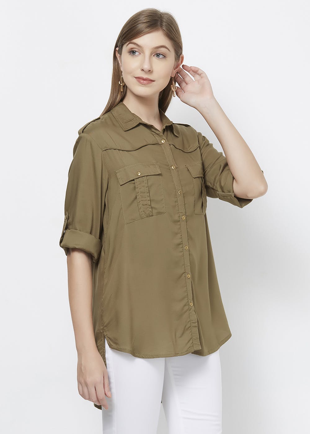 Get Roll Up Sleeves High-Low Long Shirt at ₹ 1590