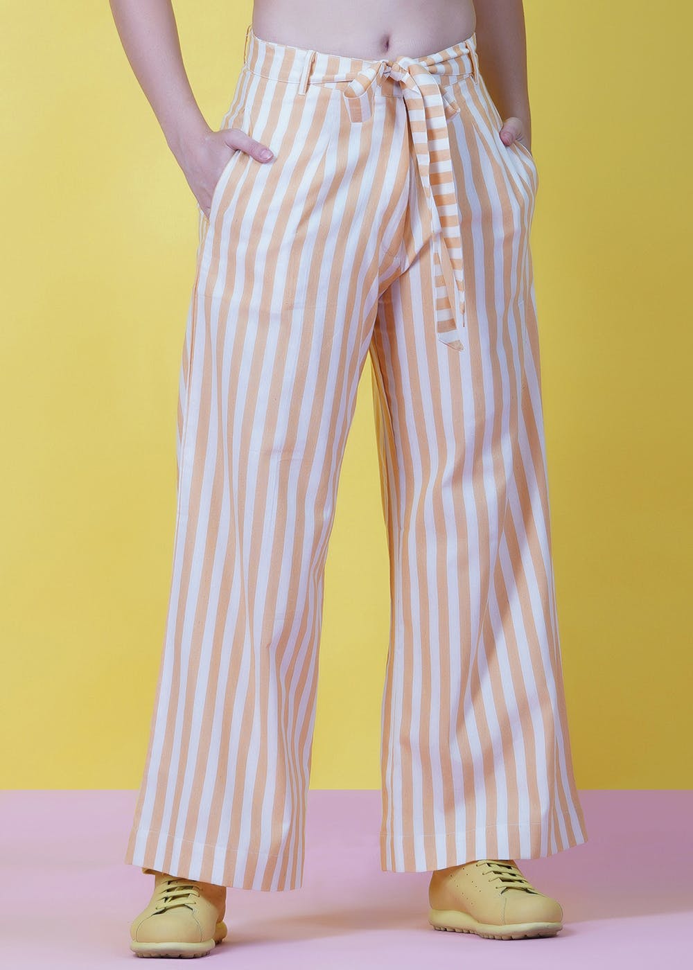 Mango wide leg linen trousers with yellow stripe in white  ASOS