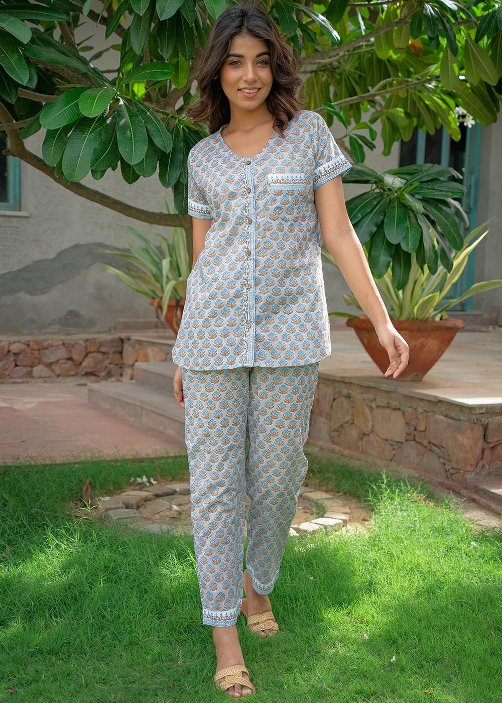 Blue hand block panda printed night suit - set of two by House Of Jamoti |  The Secret Label