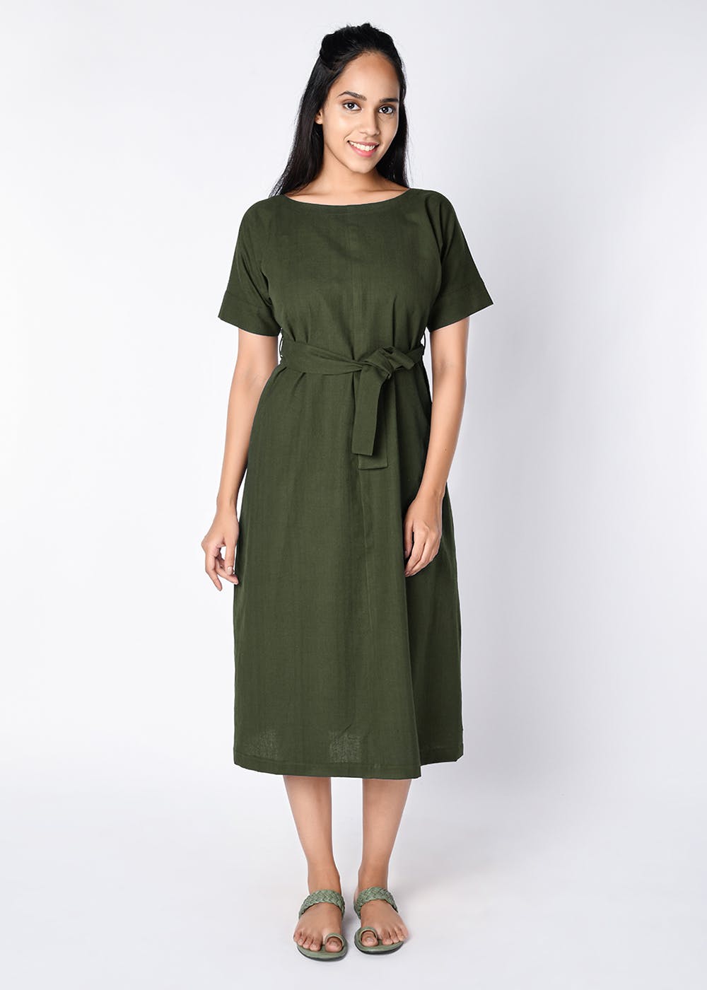 Cotton Khadi Solid Midi Dress - Olive Green