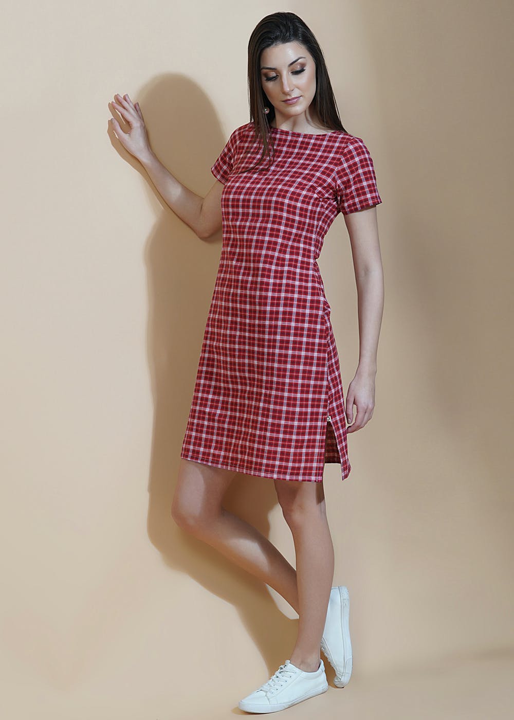 Get Red Multi Check Cotton Shift Dress 