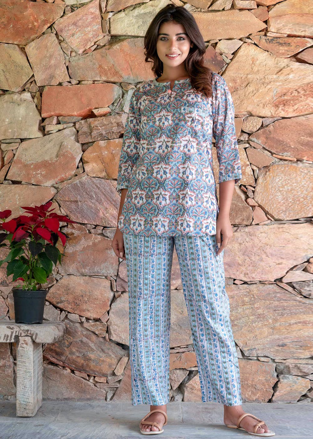 Sky Blue Botanical Bliss Block Printed Night suit