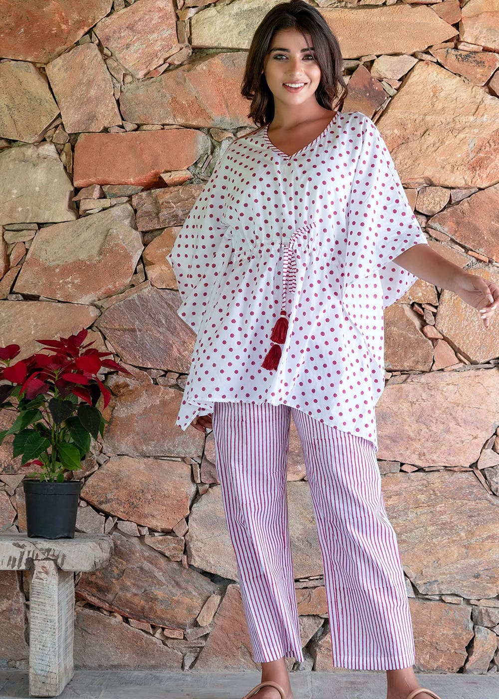 Get Geometric Block Printed Cotton Kaftan Night Suit Dress at ₹ 1800 LBB Shop