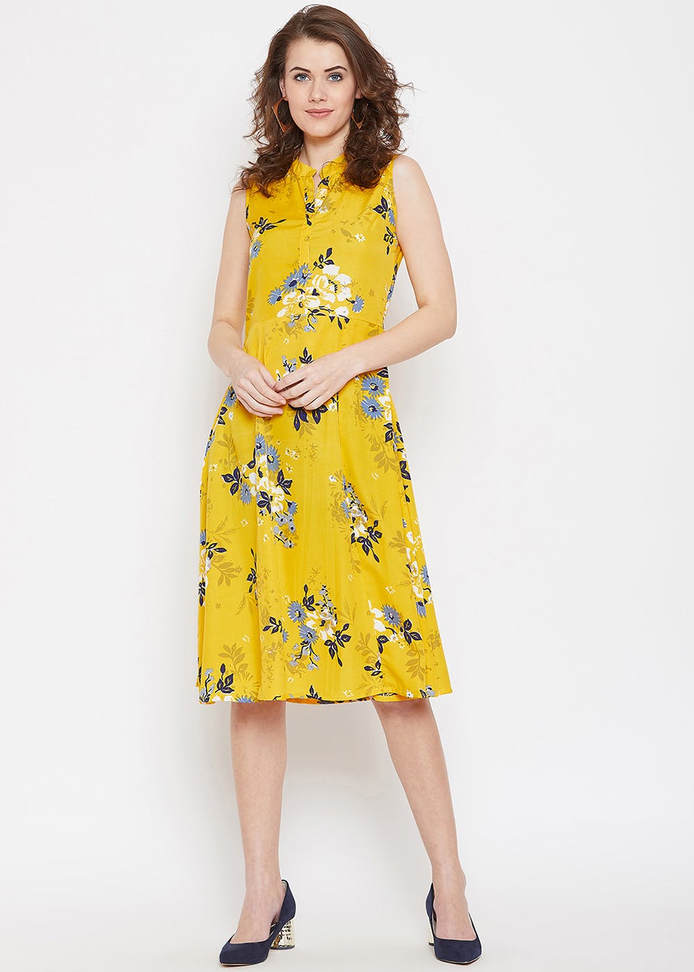 Get Yellow Floral Printed Mandarin Collar Dress At ₹ 799 Lbb Shop