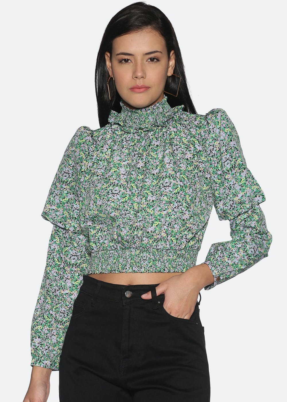 Eyes On You Forest Green Floral Smocked Bubble Sleeve V Neck Top main image 0