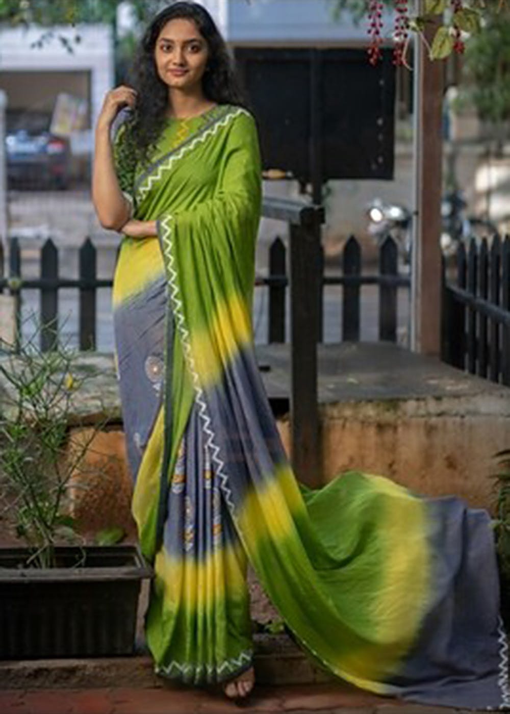 Contrast Embroidered Green & Grey Saree
