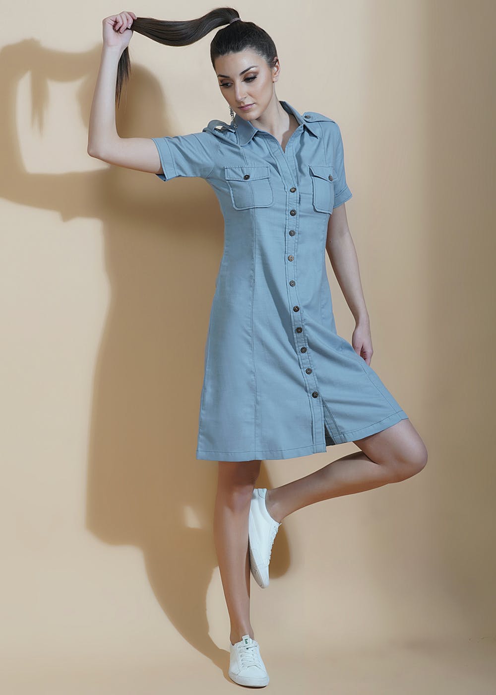 Flight Miles Pleated Dress In Sky Blue • Impressions Online Boutique