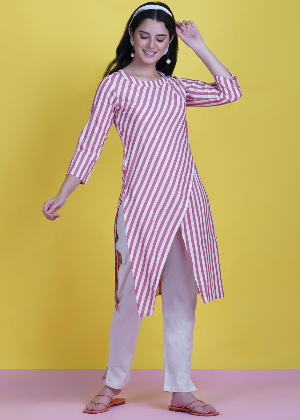 Get Red And White Stripe Assymtrical Kurta And Flex Basic Pant Full