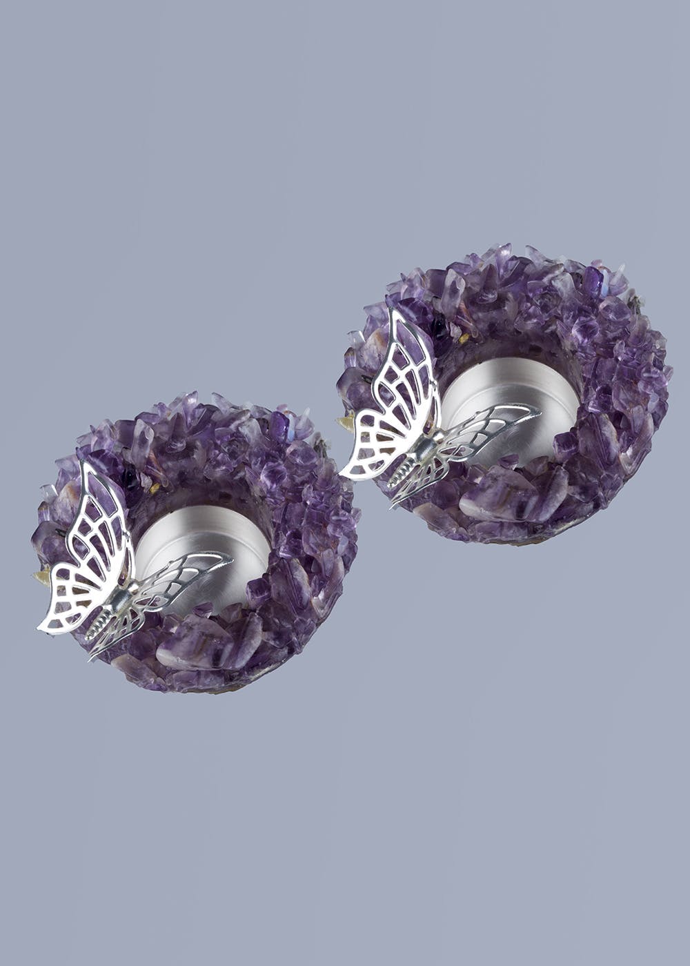 Silver Plated Butterfly Tealight Holder on Amethyst Stone Set of 2