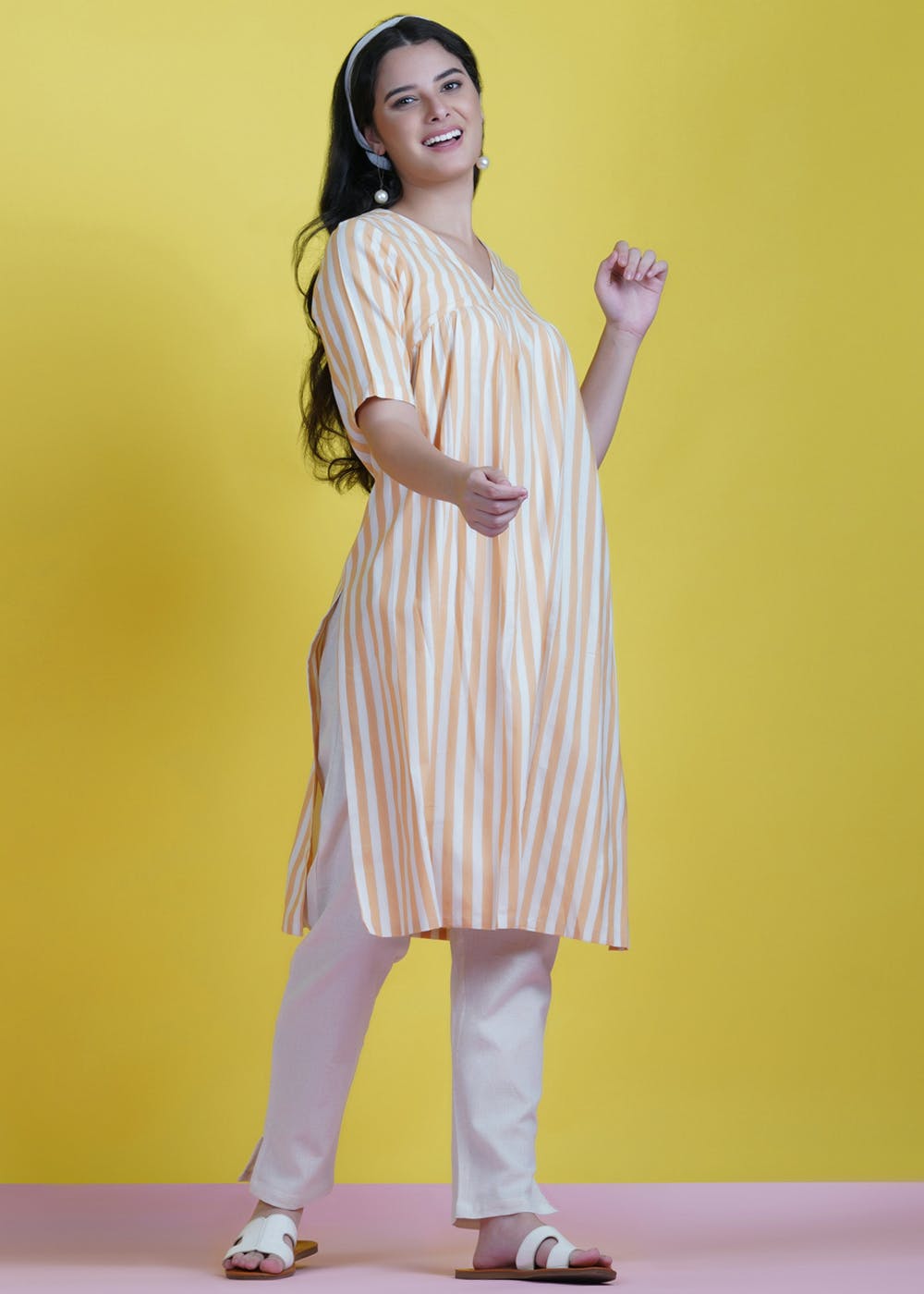 Get Yellow And White Stripe V Neck Kurta With Gathers And Flex Basic Pant Full Sets At ₹ 2750 