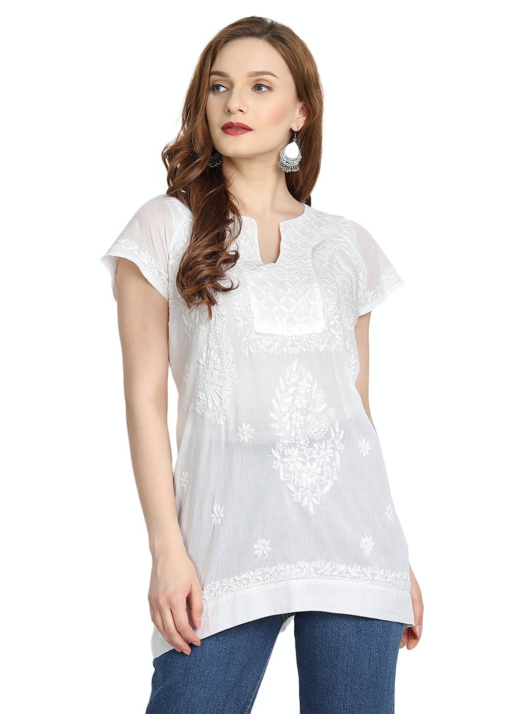 Buy Rain and Rainbow White & Blue Cotton A Line Short Kurti for Women  Online @ Tata CLiQ