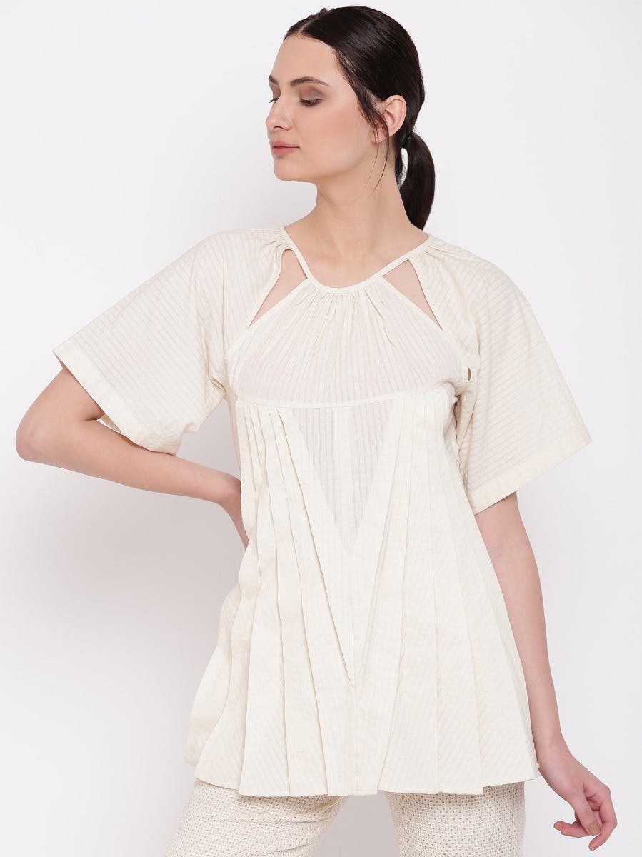 Cut-Out Neck Pleated Flare Top