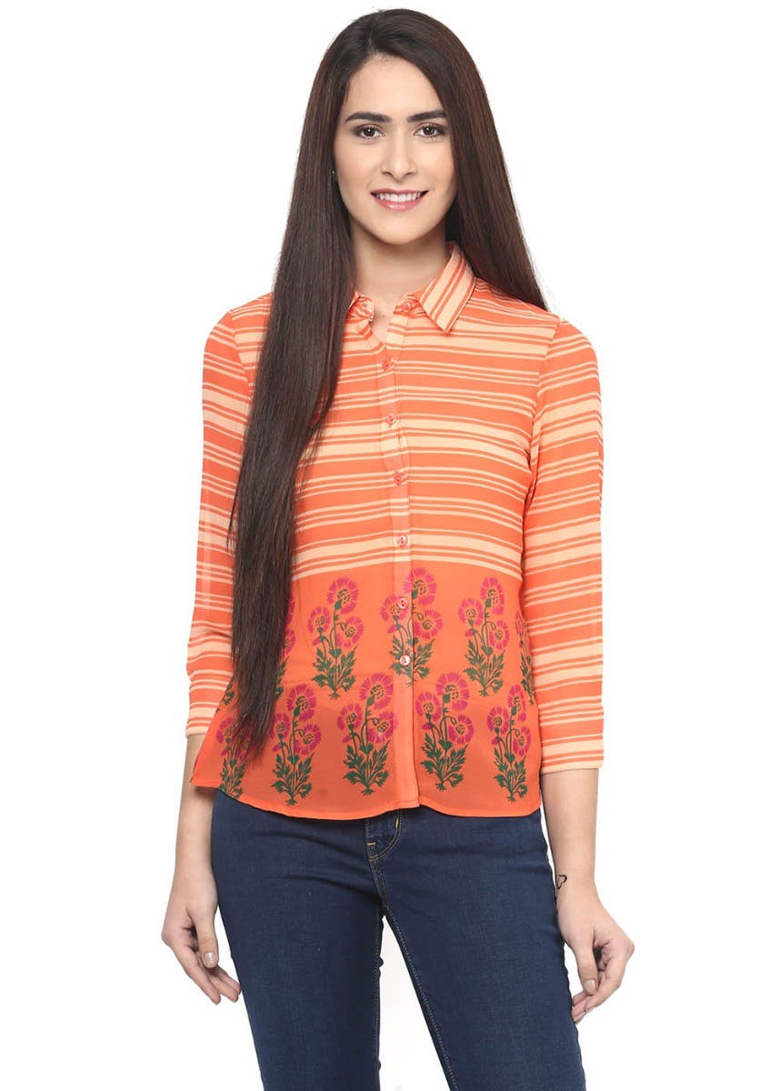 Get Stripes & Floral Print Tangerine Shirt at ₹ 490 | LBB Shop