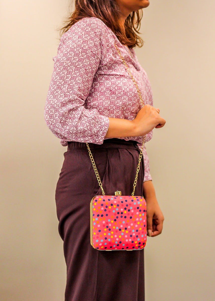 Multicolour Dot Print Pink Clutch 