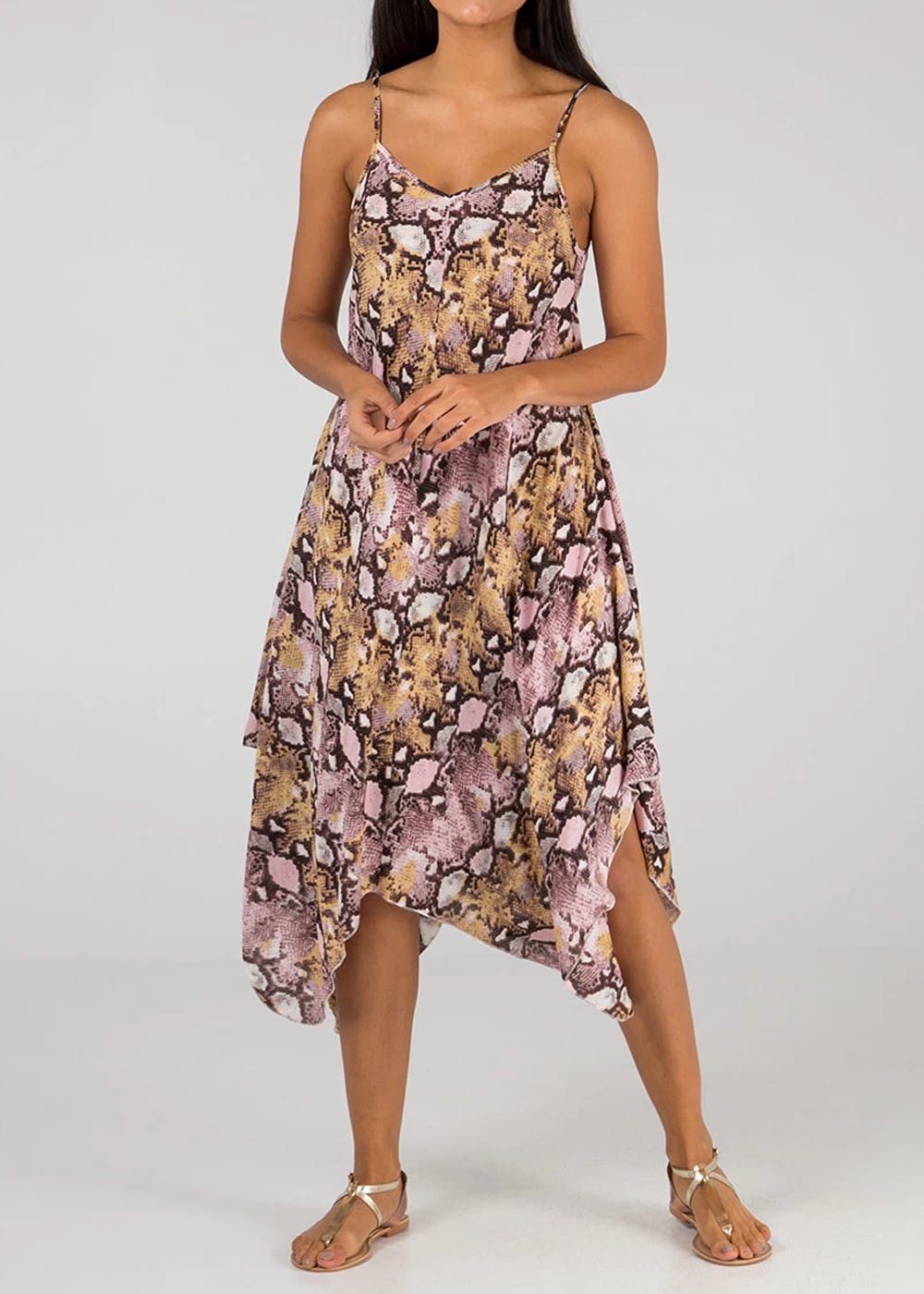 Get Asymmetrical Hem Detail Pink Animal Printed Strappy Dress at ₹ 1970 ...