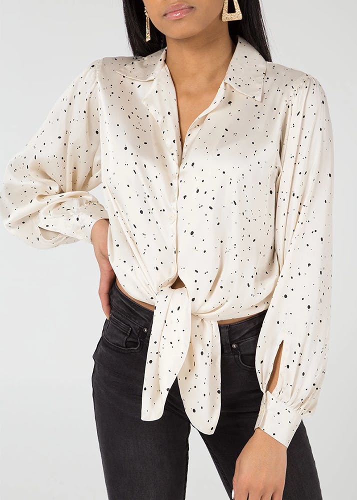 Spot Printed Cream Tie-Up Shirt