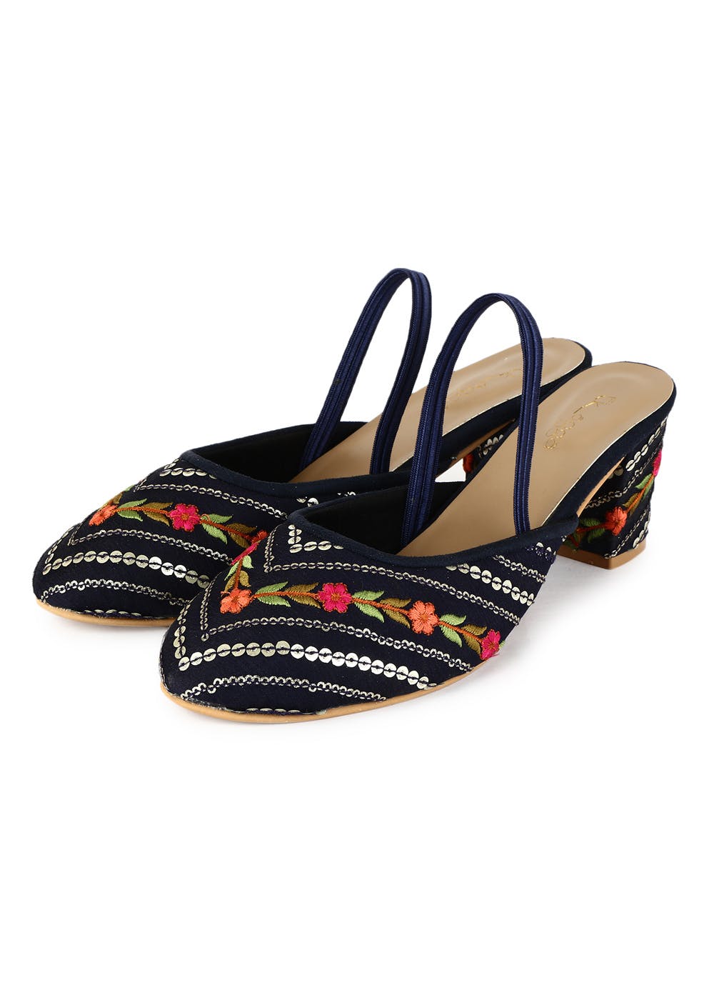 Get Sequin & Embroidery Detail Navy Block Heel Mules at ₹ 1800 | LBB Shop