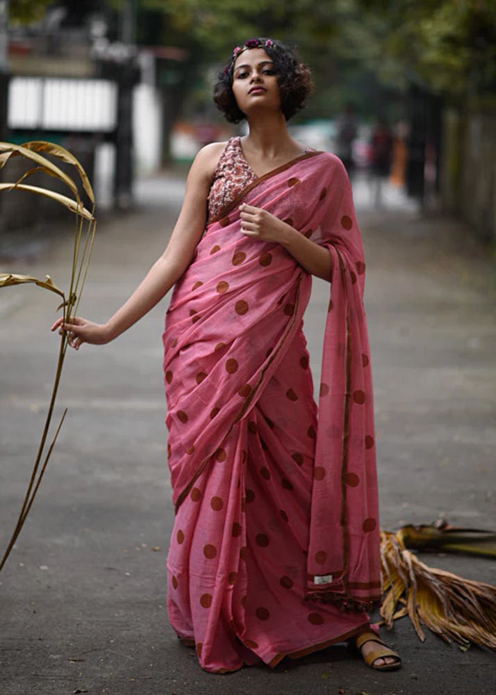 Tassel Border Brown Polka Pink Cotton Saree