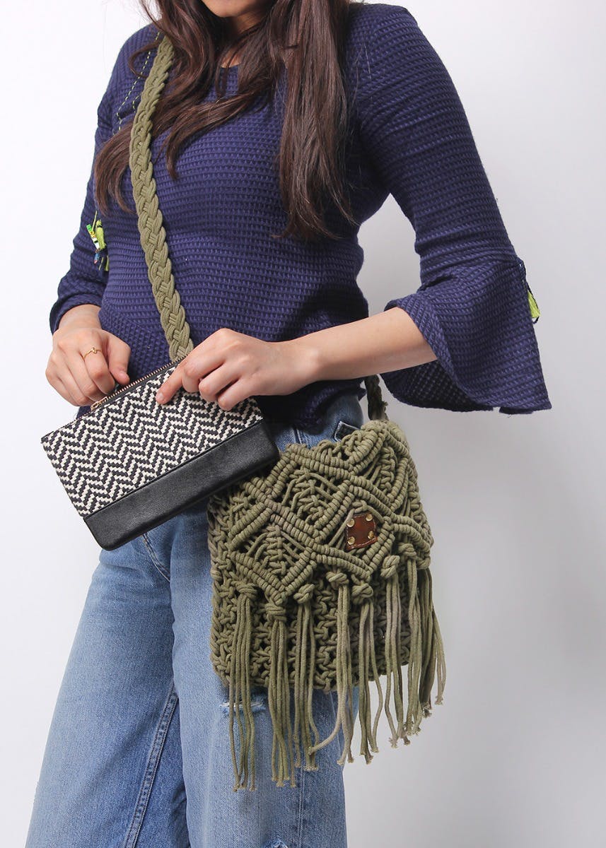 Handcrafted Macrame Woven Fringe Cross-Body with Pouch